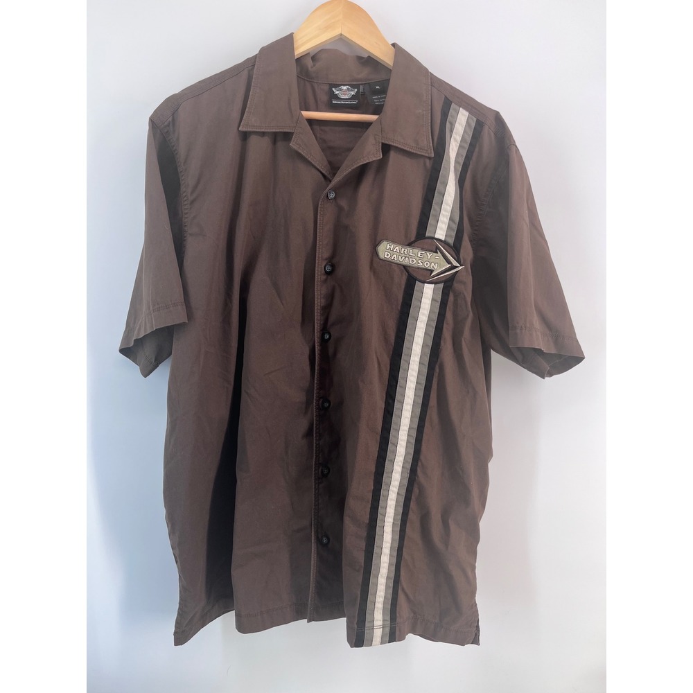 Harley-Davidson Mens XL Brown Racing Stripe Embroidered Logo Button Up Shirt